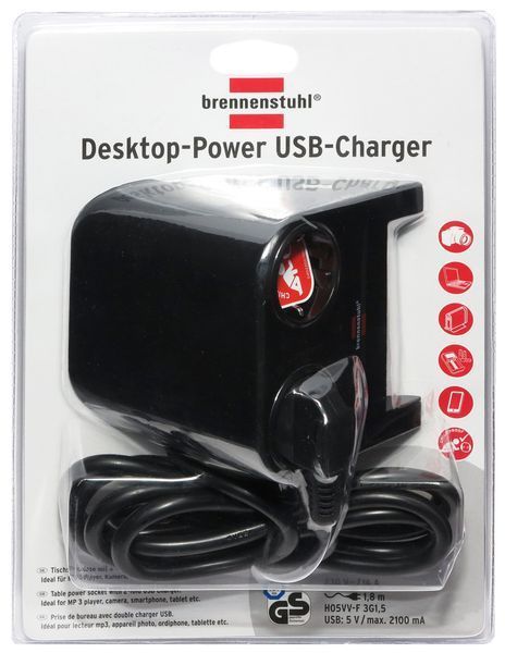 Подовжувач 1,8 метра 2 розетки Brennenstuhl Desktop-Power-Plus 2 USB 5V/2100mA 3500 Вт чорний 1153500222 фото