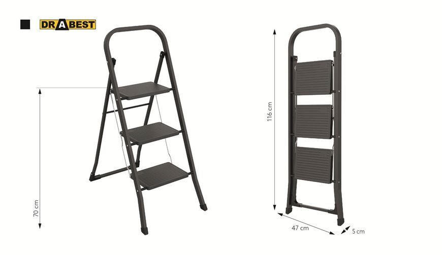 Драбина-стрем'янка сталева DRABEST PRO MINIFERO на 3 сходинки 150 кг (DR-ST-MF3-CZ) DR-ST-MF3-CZ фото
