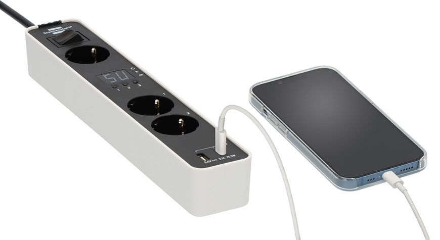 Подовжувач 1,5 метра 3 розетки Brennenstuhl Ecolor 3500 Вт таймер зворотнього відліку USB-A USB-C чорно-білий 1153230026 фото