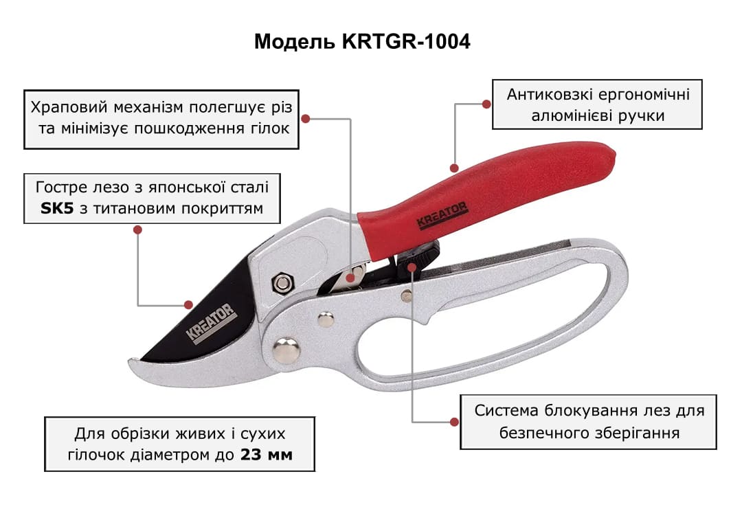 Секатор з храповим покриттям та діаметром різу до 23 мм
